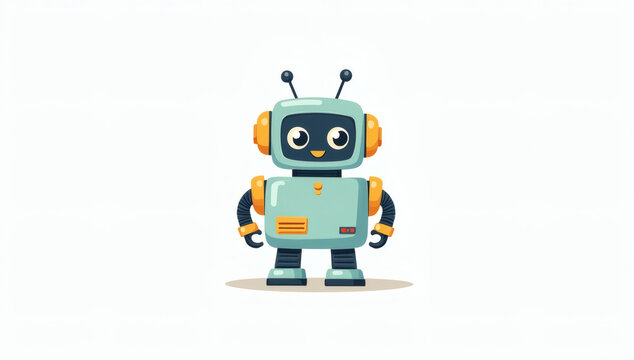 Cute friendly cartoon robot character with big eyes standing on white background for technology and artificial intelligence mascot design