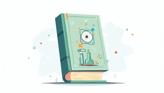Flat Vector Illustration of a Science Textbook with Chemistry Flask and Atom Symbol on Teal Cover
