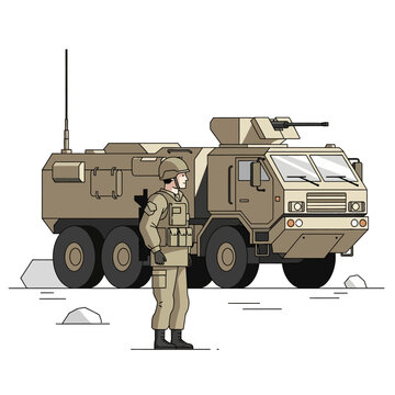 Soldier and Armored Vehicle with Camouflage, Military Illustration