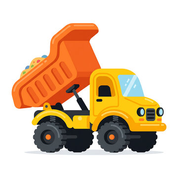 A colorful cartoon illustration of a yellow and orange toy dump truck on a white.