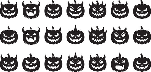 Obraz premium Halloween Evil Jack O Lantern Horned Pumpkins Faces Silhouette Icon Set Vector Illustration