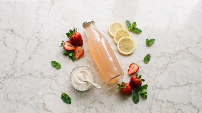 Glass bottle holds pink collagen drink, fresh and inviting. Strawberries, lemon slices, mint leaves surround the bottle. Creamy bowl with spoon adds a touch of elegance. Marble surface reflects soft
