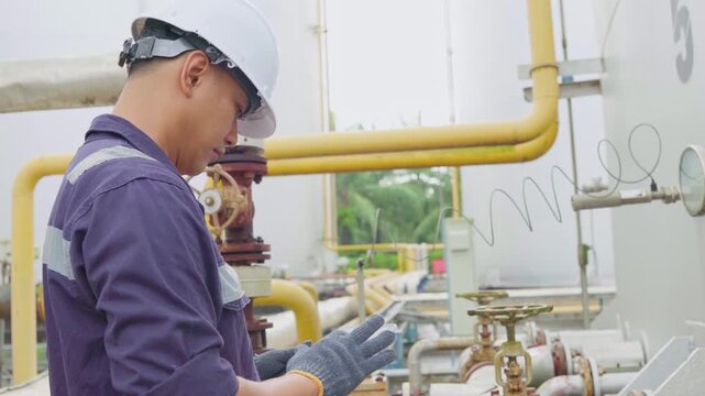 Petrochemical Engineers checking reports tablet for technical inspections in oil refinery. Technicians working on checklist in the oil storage tank area. Factory and industry manufacturing. Oil tank