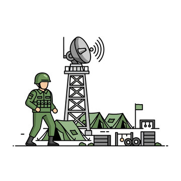 Soldier at Military Base with Radar Tower, Tents, and Equipment