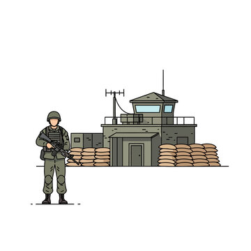 Soldier Guarding Military Checkpoint with Sandbags and Guard Tower