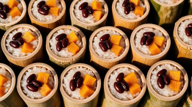 Thai khao lam dessert in bamboo tubes. Glutinous coconut rice with red beans, sweet pumpkin pieces. Traditional street food served in natural wood containers. Authentic Asian snack prepared with