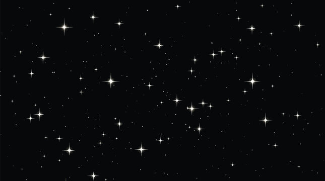Shining stars night sky background vector, sparkling star field texture, dark outer space cosmic pattern for design projects