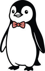 Fototapeta premium Cute cartoon penguin wearing bowtie vector illustration, playful bird character clip art, adorable black and white penguin graphic