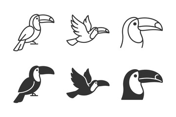 Obraz premium Toucan illustrations: flying and perched tropical bird silhouettes.