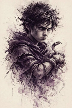 Dark Fantasy Boy with Snake Wrapped Around His Arms