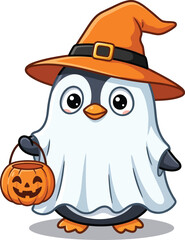 Fototapeta premium Cute Halloween penguin in ghost costume, adorable witch hat bird vector, spooky trick or treat pumpkin bucket illustration, holiday mascot graphic