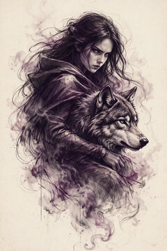 Dark Fantasy Woman and Wolf Sketch with Purple Smoke