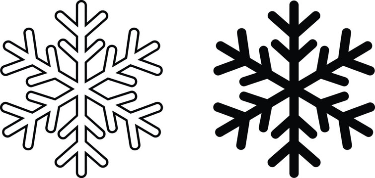Snowflake vector icon set, black outline and solid silhouette winter symbols, ice crystal clip art for christmas design