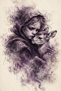 Melancholic Child Embracing Spotted Fawn in Expressive Sketch Art