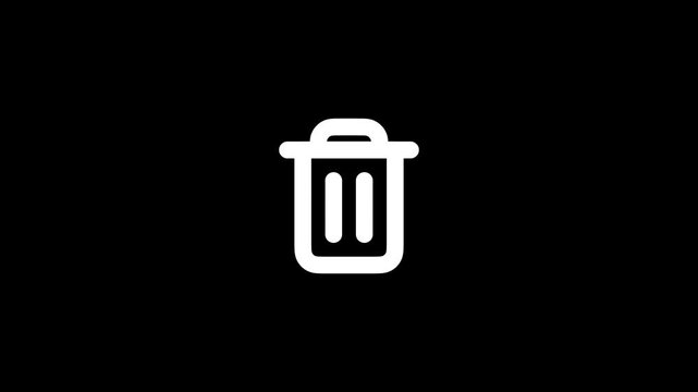 Minimalist white trash can icon on black background