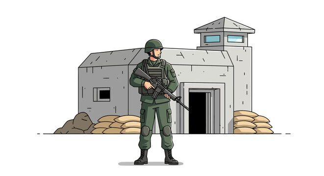 Soldier guarding building with sandbags, secure military base