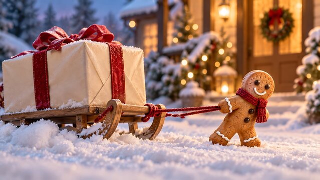 A cheerful gingerbread character in funny winter adventures with festive details for Christmas and New Year.