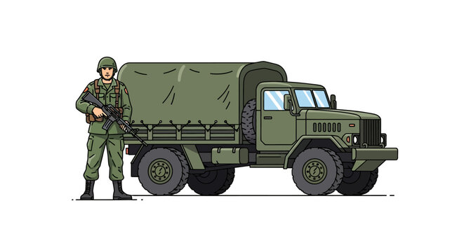Soldier next to military truck isolated on white backdrop