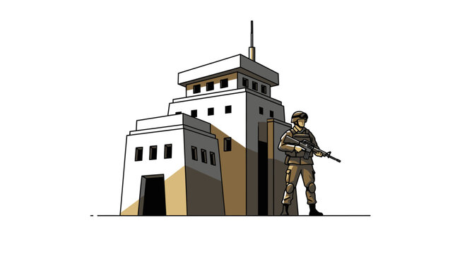 Soldier guarding building - military structure illustration, white background.