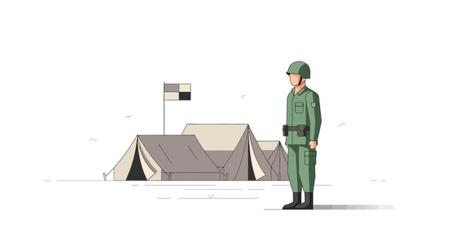 Soldier in uniform at a military campsite, isometric illustration
