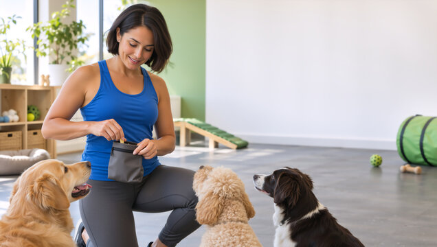 Female trainer giving treats to dogs in a training facility. Attentive golden retriever, poodle, and border collie learning commands. Positive reinforcement concept