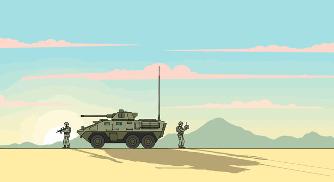 Pixelated Military Vehicles and Soldiers in Desert Landscape