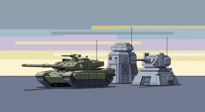 Pixel art military vehicles: tank, turret, fort, and antenna details