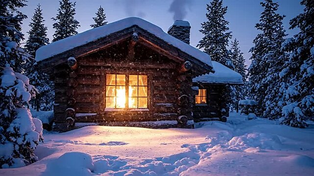 Cozy wooden cabin glowing with warm firelight amidst falling snow in winter forest video