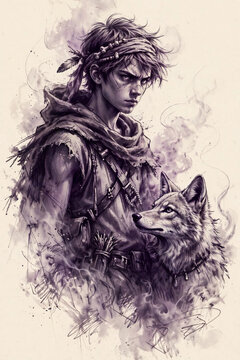 Fantasy warrior young man with wolf companion dramatic illustration