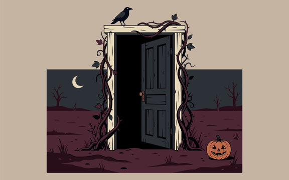 An illustrated doorway with vines and a raven sits before a spooky moonlit landscape portal entrance opening corvid bird vine foliage leaves