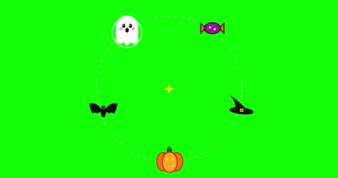 Minimalist flat icons of pumpkins ghosts and bats rotate in a circular pattern over a bright green chroma key background. Perfect for spooky season video overlays and transitions.