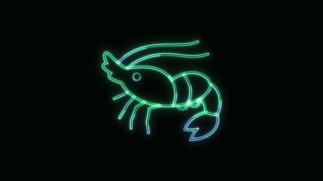 Shrimp Icon Neon Seamless Loop 4K Black Background Animated Promotional Typography for Video Editing