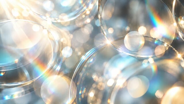 transparent glass bubbles with bright light and rainbow refractions for elegant backgrounds.