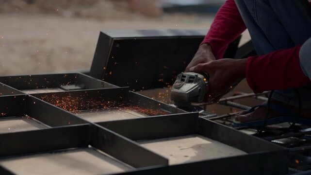 Worker Cutting Steel Reinforcement with Angle Grinder and Sparks
