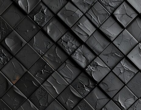 Seamless pattern of interlocking hishi-tatami diamond grid in black stoneware texture