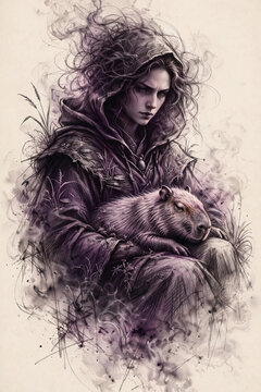 Mysterious Hooded Sorceress Cradling Sleeping Capybara in Misty Wilderness