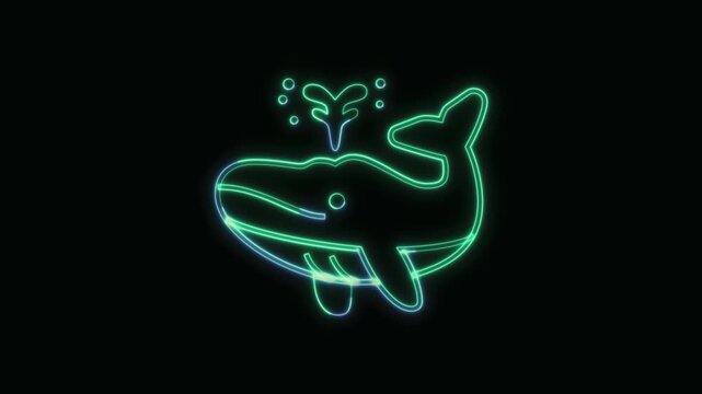 Spouting Whale Icon Neon Seamless Loop 4K Black Background Animated Promotional Typography for Video Editing