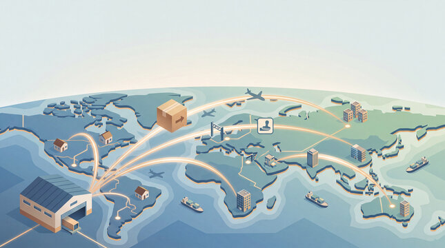 Isometric Cross-Border Parcel Logistics Map