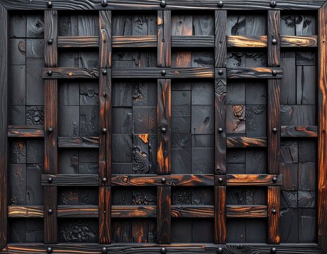 Seamless pattern of interlocking kuginuki-tsunagi square frame grid in black shou-sugi-ban cedar