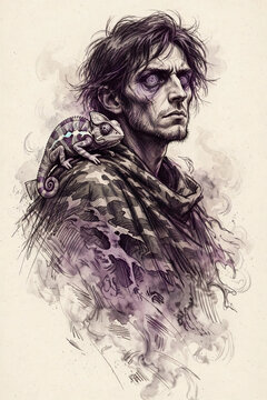 Brooding man with chameleon on shoulder ink illustration