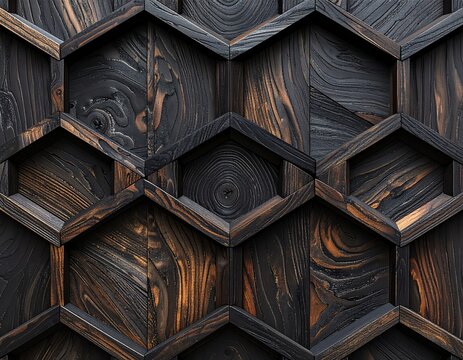 Seamless pattern of interlocking kikkyo pentagon cell grid in black ebonized chestnut