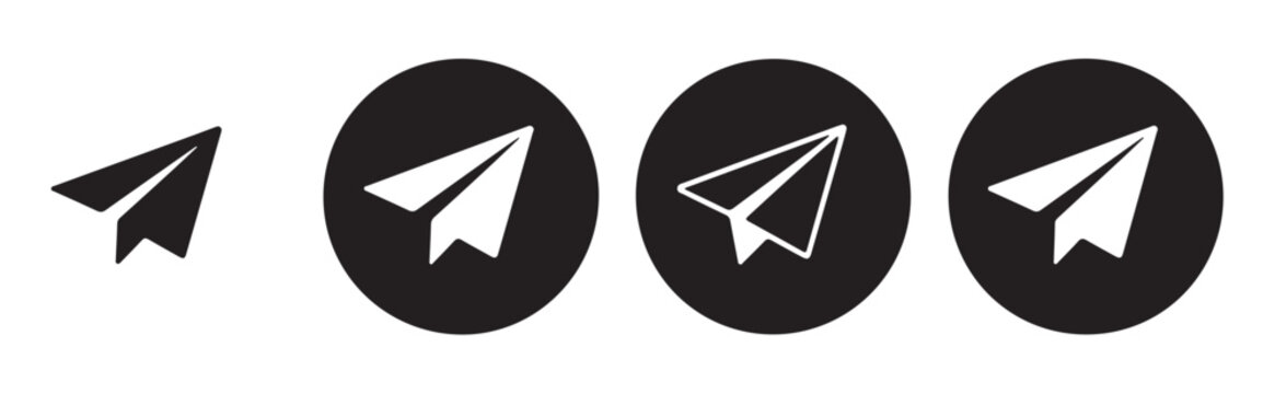 Paper plane icons set in black and white styles for messaging apps digital communication and travel concepts.