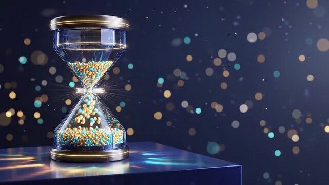 3D animation of a glowing hourglass with shimmering gold and cyan beads pouring through a sparking neck, on a blue pedestal with negative copy space.