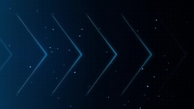 Futuristic neon arrow pattern with glowing particles drifting through a dark blue grid space symbolizing motion innovation and high speed digital connectivity in a modern graphic design asset