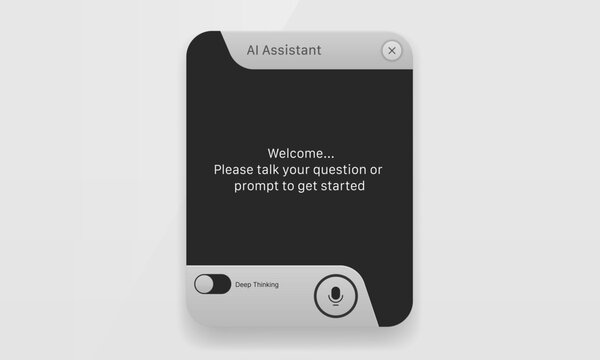 Dark mode AI assistant widget UI mockup with deep thinking toggle and microphone button