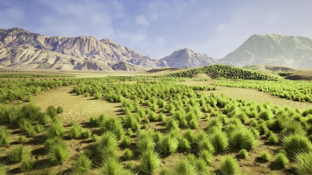 dawn steppe with fresh green shrubs bathing in soft morning light, dewy ground and calm atmosphere conveying renewal, quiet optimism and scenic wide open space