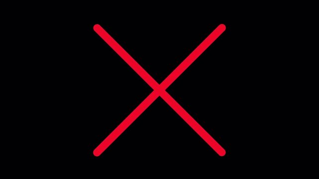 Red cross mark animation. X letter, crossed lines, denial concept, incorrect cross symbol animated red x mark, 4k motion graphics video animation isolated on transparent background