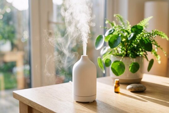 Close up of a white ceramic diffuser emitting mist on a table. Bright morning light style for aromatherapy, home wellness, and spa marketing.