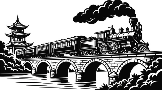 A steam locomotive traverses a stone bridge with a pagoda in a black and white woodcut style steamtrain railroad railway stonebridge architecture transportation travel vintage