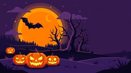 Fototapeta premium Spooky flat vector illustration of Halloween symbols with carved pumpkins and a full moon